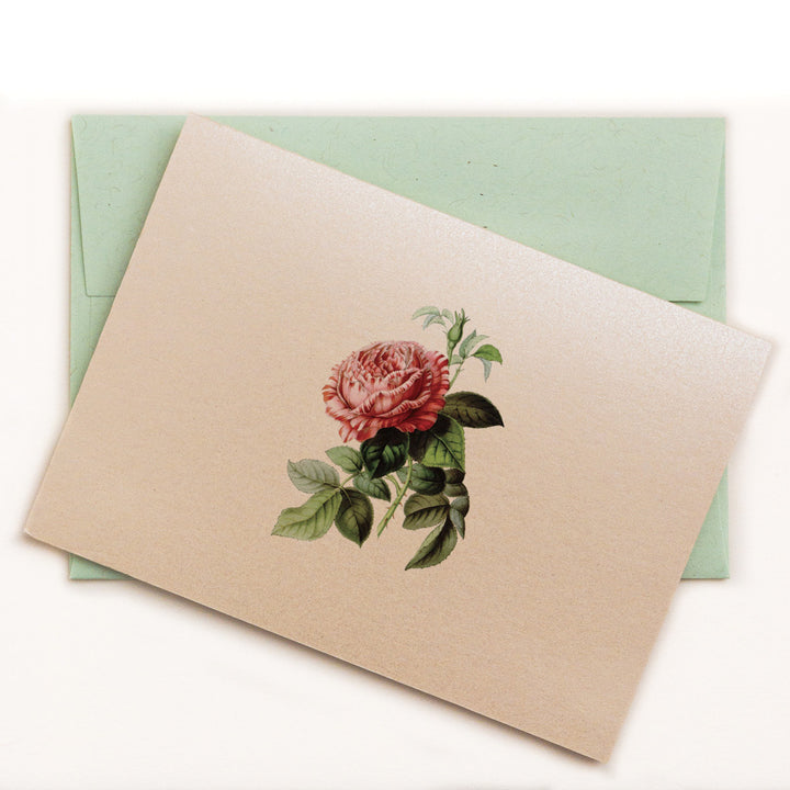 Heirloom rose on a soft white, shimmery metallic cardstock with a vintage green envelope