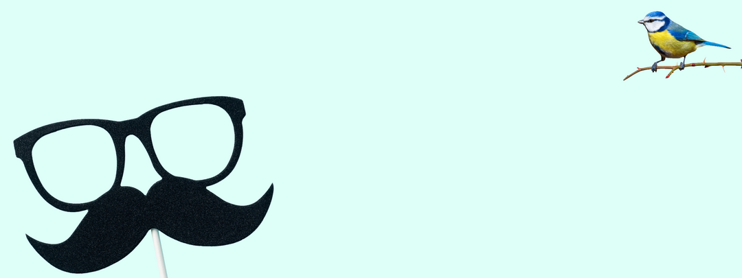 Blue background with funny eyeglasses and mustache mask with small bird on a branch in the upper right corner.