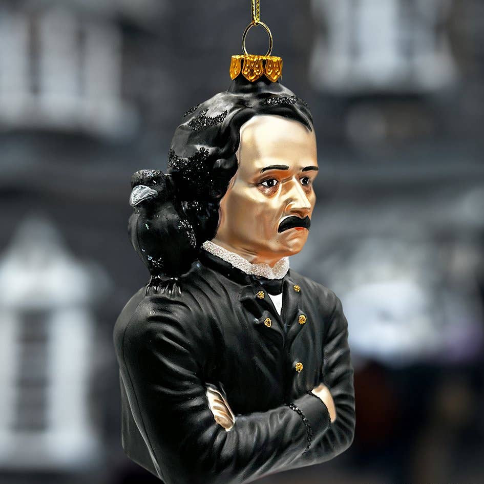Decorative ornament of a man with a raven on his shoulder against a blurred background.