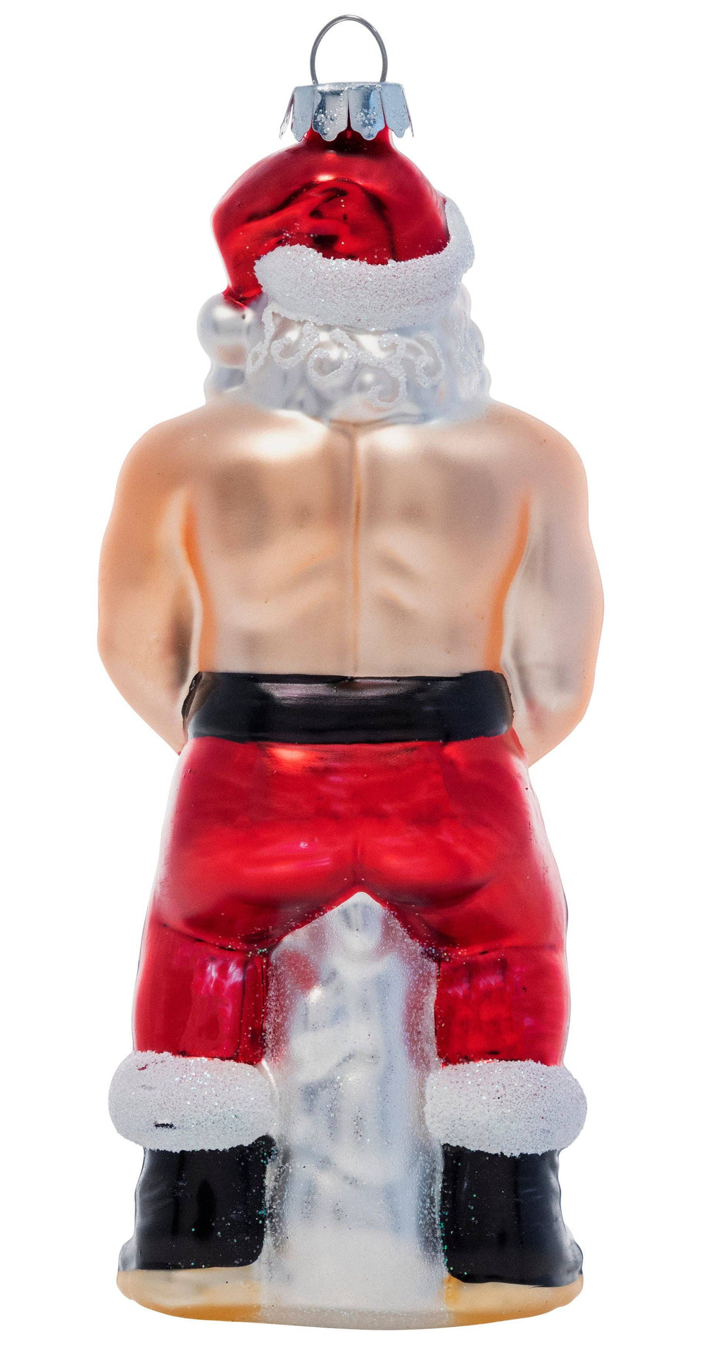 A novelty Christmas ornament shaped like a muscular Santa Claus viewed from behind, wearing red pants, a red hat with white fur trim, a black belt, and black boots, on a plain white background.