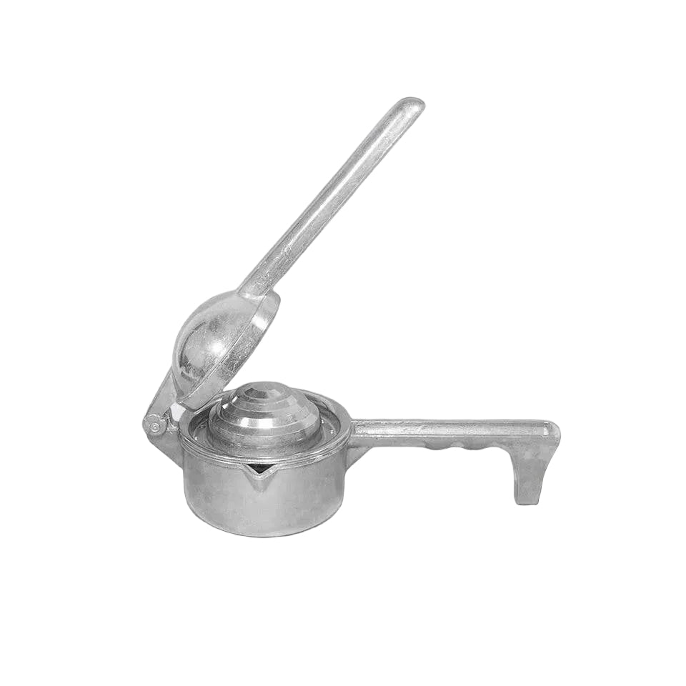 Metallic kitchen juicer with a handle and lid on a light gray background