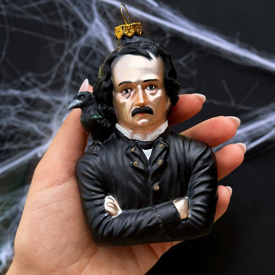 Decorative ornament of a man with a raven on a hand against a dark background.