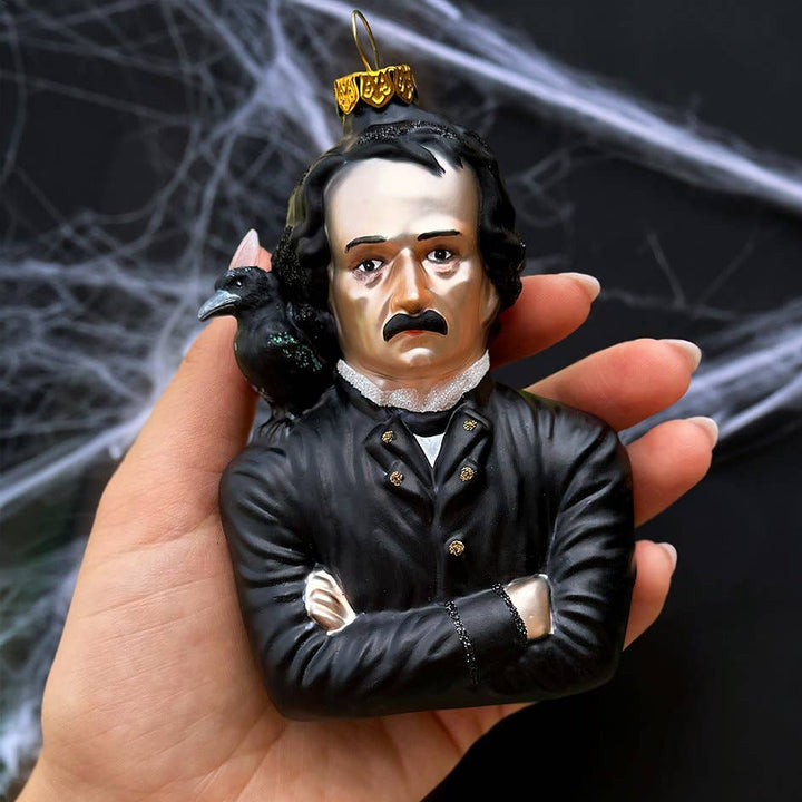 Decorative ornament of a man with a raven on a hand against a dark background.