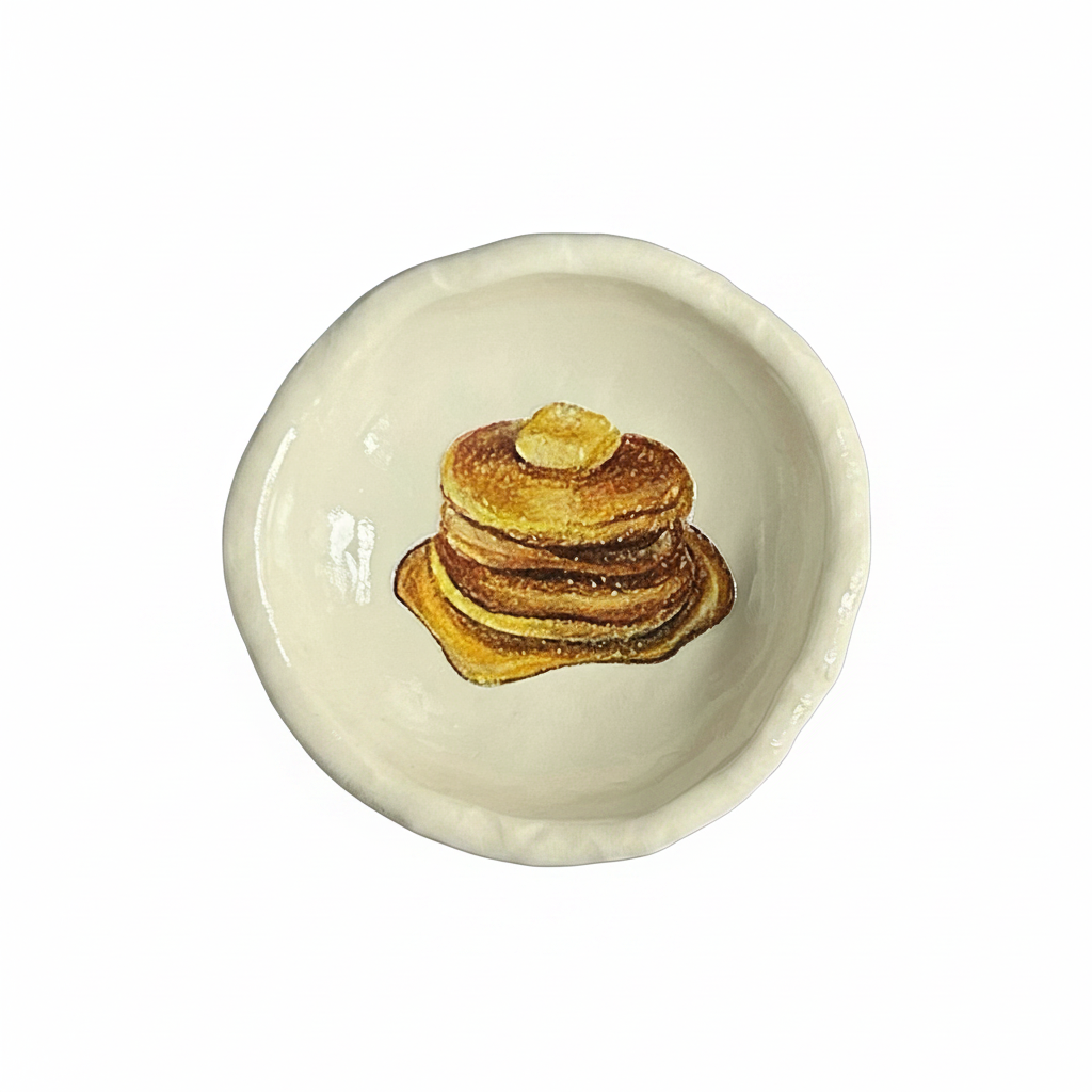 Handmade trinket dish with an illustration of stacked pancakes and butter