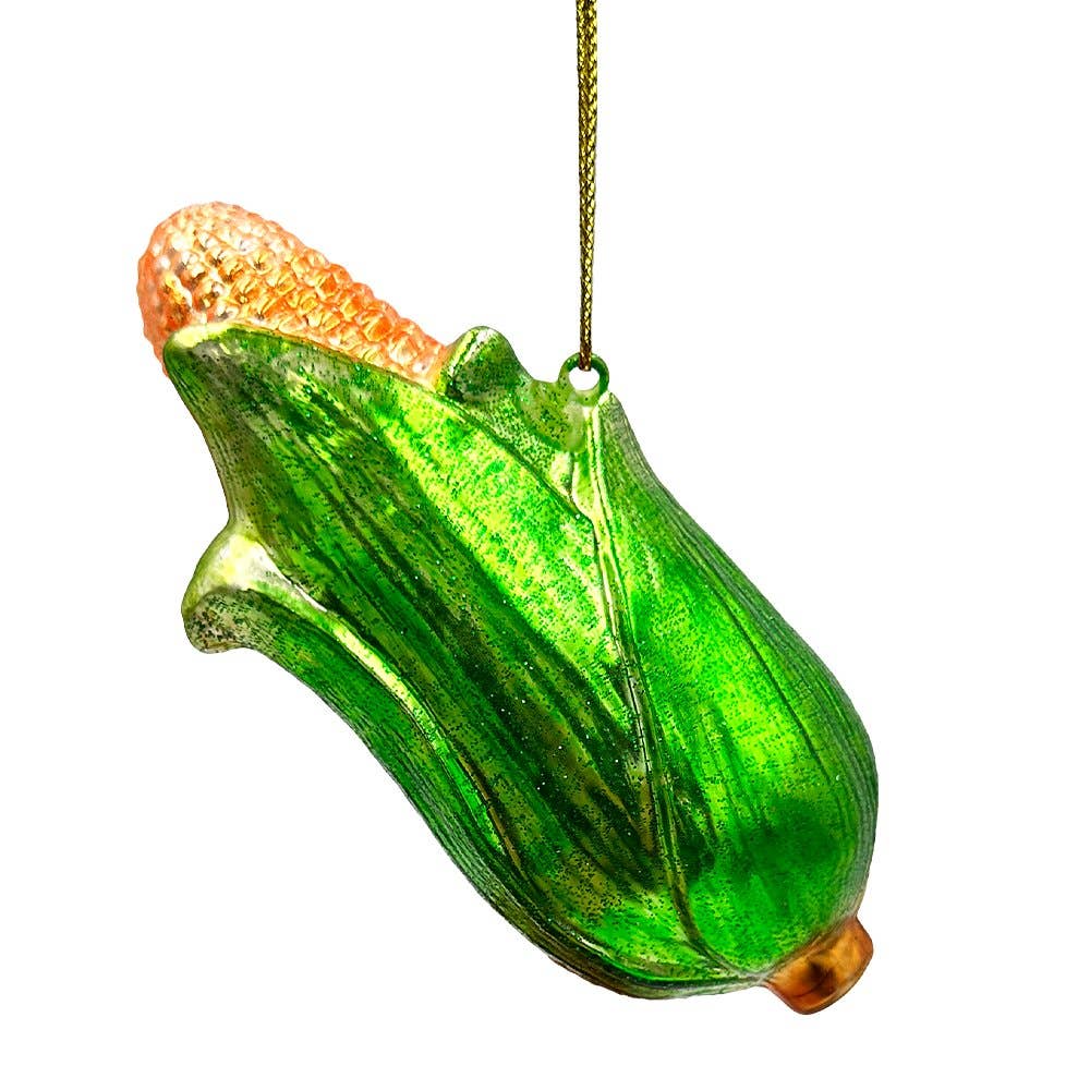 Green corn on the cob ornament with a gold hook on a white background