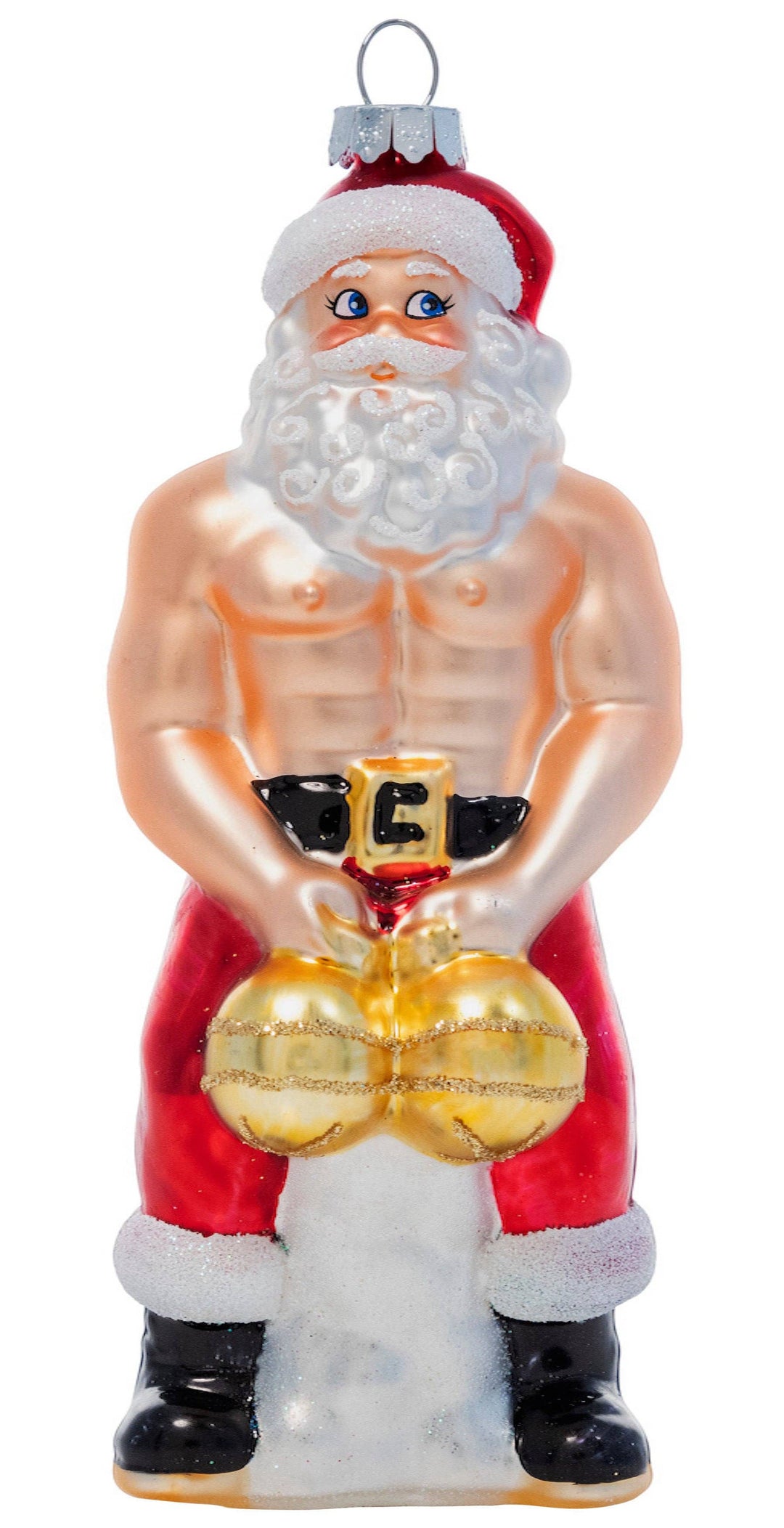 A novelty Christmas ornament shaped like a muscular Santa Claus holding gold coins, with red and white clothing, black boots, and a silver hanging loop at the top, isolated on a white background.