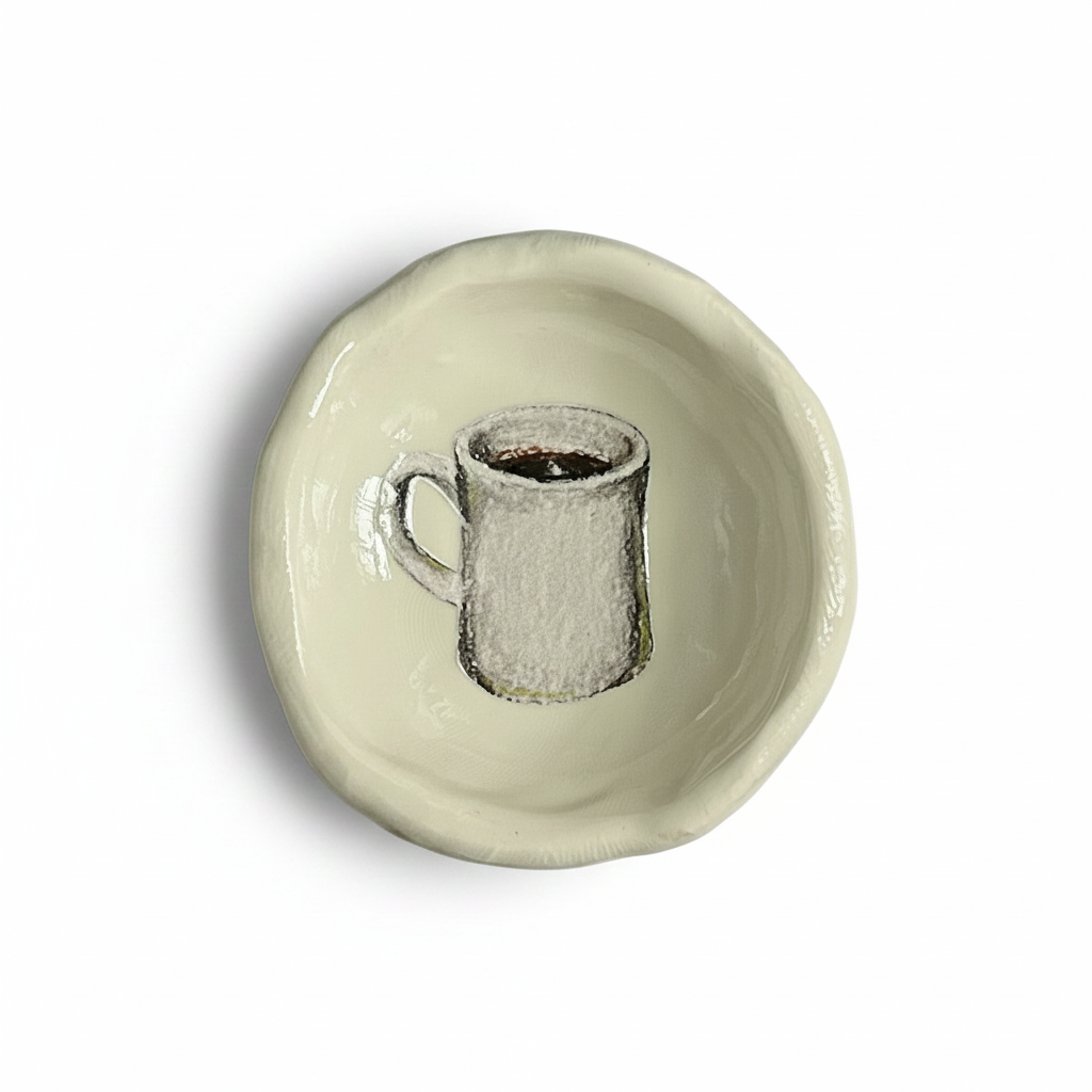 Trinket dish with a retro diner style coffee mug illustration