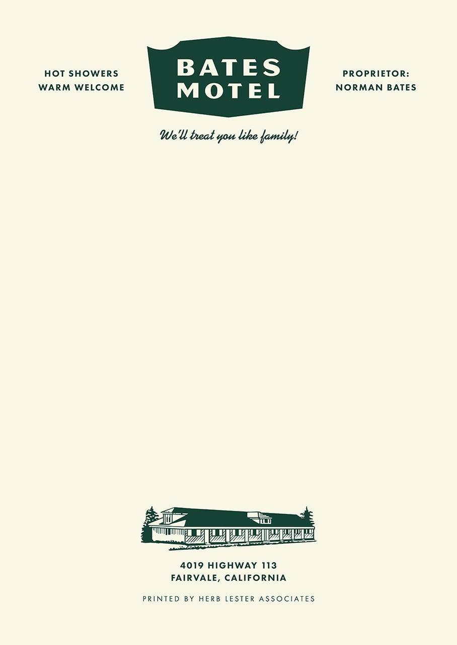 Advertisement for Bates Motel with text and small motel illustration on a white background