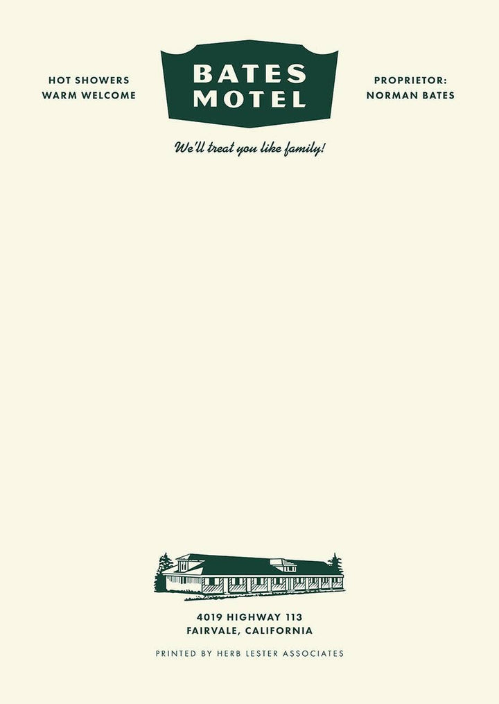 Advertisement for Bates Motel with text and small motel illustration on a white background