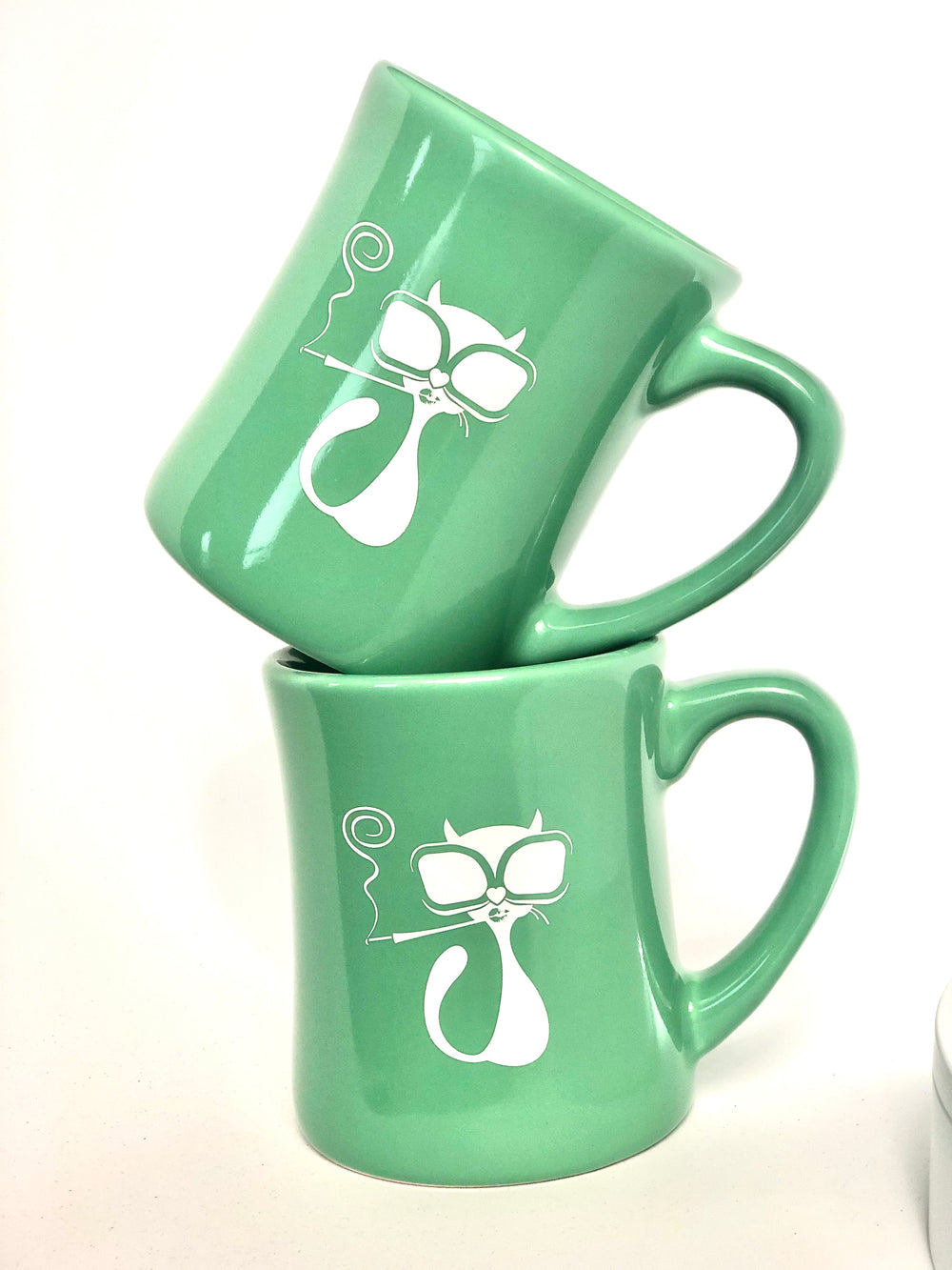 Lilybranch's 14-ounce ceramic diner mug made in the USA featuring silkscreened Pussy Golightly mascot of a cat with sunglasses and a long cigarette holder