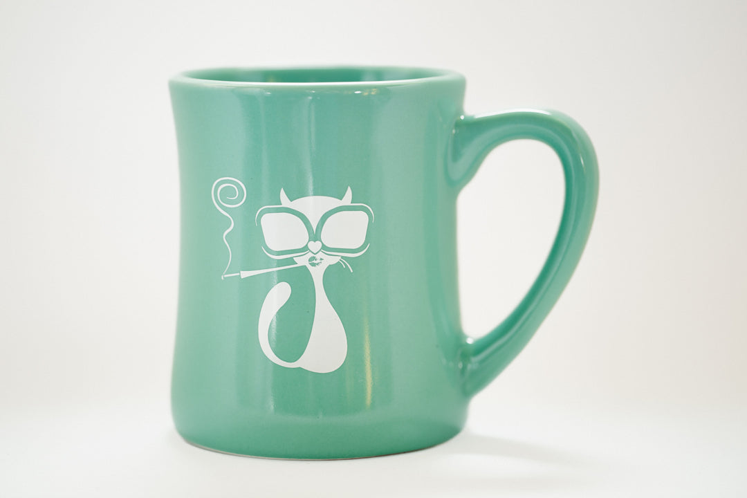 Lilybranch's 14-ounce ceramic diner mug made in the USA featuring silkscreened Pussy Golightly mascot of a cat with sunglasses and a long cigarette holder