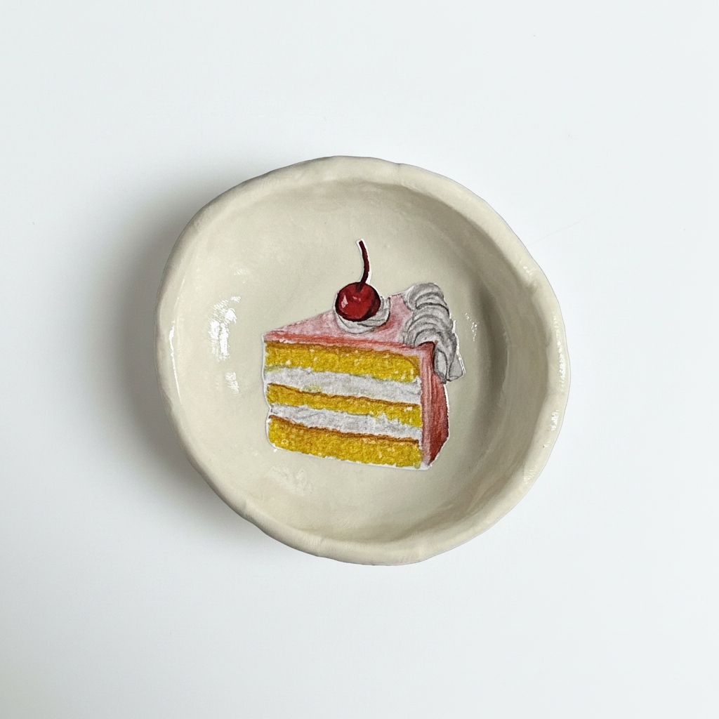 Trinket dish with a illustration of a golden cake with pink and white frosting and a cherry on top