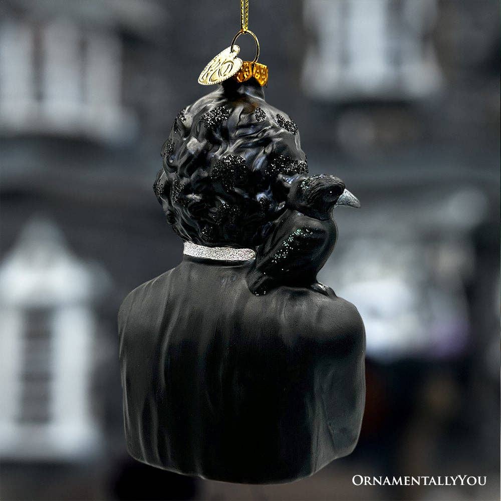 Decorative ornament of a man with a bird on his shoulder against a blurred background, shows glitter on the ornament