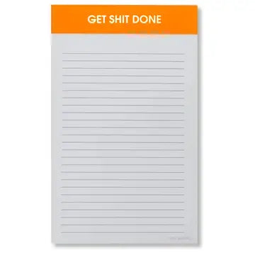 Notepad with 'GET SHIT DONE' text on an orange header, notepad is on a white background